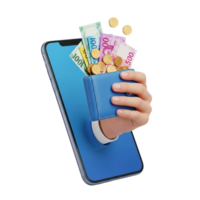 Hand emerges from smartphone screen holding a wallet overflowing with cash and coins symbolizing digital wealth and financial transactions png