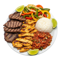 A delicious platter featuring grilled steak chicken rice salsa and saut ed peppers and onions png