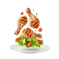 Three delicious grilled chicken drumsticks levitating above a fresh salad on a white plate png
