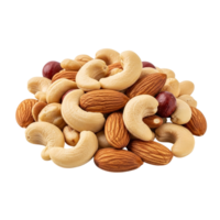 A vibrant assortment of healthy mixed nuts including cashews almonds and hazelnuts piled high on a clean white background png