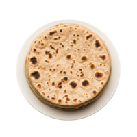 A stack of freshly made golden brown whole wheat rotis or chapatis served on a white plate against a clean white background png