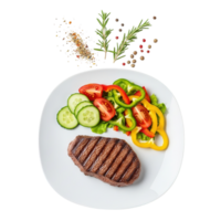 Delicious grilled steak served with a fresh colorful salad and garnished with herbs and spices png