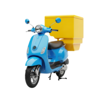 Bright blue retro style scooter with a large yellow delivery box on the back isolated on transparent background png