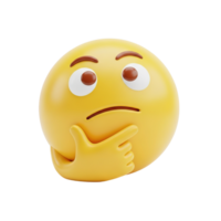 Yellow thinking face emoji character with hand on chin contemplating a question isolated on transparent background png