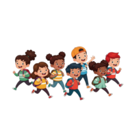 Diverse group of happy cartoon children running together with backpacks on transparent background png