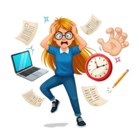 Overwhelmed student with hands on head surrounded by schoolwork and a ticking clock isolated on transparent background png