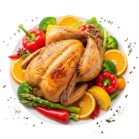 Deliciously roasted whole chicken adorned with fresh vegetables and citrus slices isolated on transparent background png