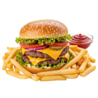 Delicious double cheeseburger with lettuce tomato onion pickles and a side of french fries and ketchup isolated on transparent background png