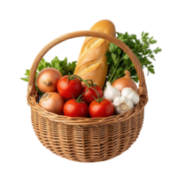 A woven wicker basket overflowing with fresh produce including tomatoes onions garlic a baguette and parsley isolated on transparent background png