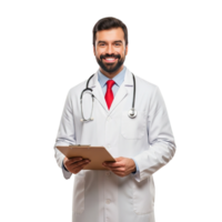 Smiling male doctor wearing a white lab coat and stethoscope holding a clipboard isolated on transparent background png