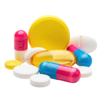 A vibrant assortment of colorful pharmaceutical capsules and tablets arranged in a cluster isolated on transparent background png