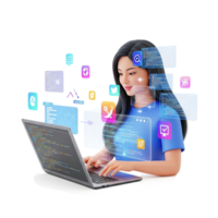 jovem mulher programador codificação em uma computador portátil com holográfico digital interfaces e dados córregos em torno da dela isolado em transparente fundo png