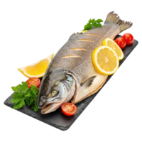 Whole freshly prepared trout fish garnished with lemon slices and cherry tomatoes isolated on transparent background png