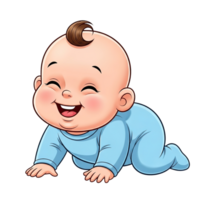 Adorable baby with a big joyful smile crawling on all fours wearing a light blue onesie isolated on transparent background png
