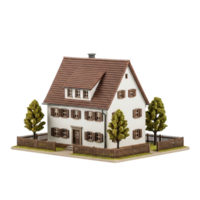 Detailed miniature model of a two story house with a pitched roof and trees isolated on transparent background png