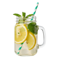 Refreshing glass jar drink with lemon slices and mint leaves with a striped straw isolated on transparent background png