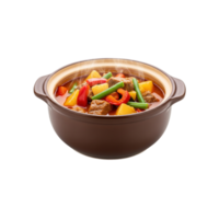 Hearty beef stew with potatoes and green beans in a rustic clay pot isolated on transparent background png