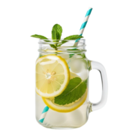 Refreshing glass jar drink with lemon slices mint leaves and ice cubes with a striped straw isolated on transparent background png