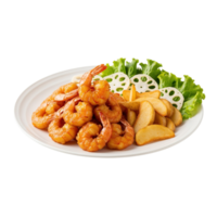 Deliciously prepared fried shrimp and potato wedges served with fresh lettuce and lotus root slices isolated on transparent background png
