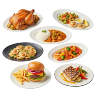 A delicious assortment of savory dishes including roasted chicken burger fries and various entrees isolated on transparent background png
