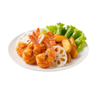 Deliciously crispy fried shrimp and potato wedges served with fresh lettuce and lotus root slices isolated on transparent background png