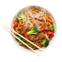 Delicious asian stir fry noodles with beef and vegetables in a bowl with chopsticks isolated on transparent background png