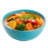 Vibrant bowl of delicious vegetable curry with broccoli carrots and peppers isolated on transparent background png