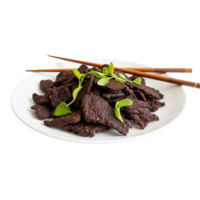 Deliciously seasoned crispy beef strips with fresh green herbs served on a white plate with chopsticks isolated on transparent background png