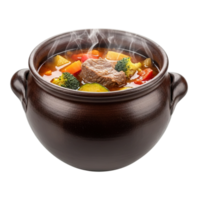 Steaming hot vegetable stew in a traditional clay pot isolated on transparent background png