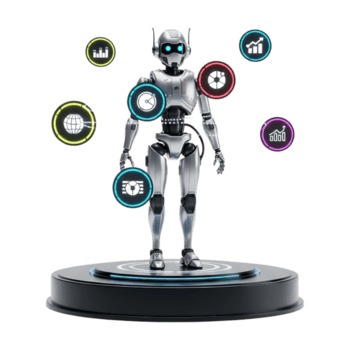 futuristisch Humanoid Roboter mit glühend kreisförmig Symbole Darstellen Daten und Technologie schwebend um es isoliert auf transparent Hintergrund png