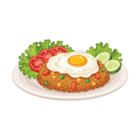 Delicious nasi goreng with fried egg tomatoes lime and lettuce isolated on transparent background png