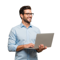 Smiling man wearing glasses and a blue shirt holding a laptop computer and looking to the side isolated on transparent background png