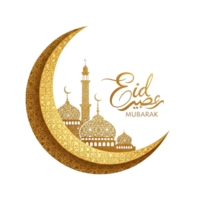 Golden crescent moon with intricate mosque design and arabic calligraphy for eid celebrations isolated on transparent background png