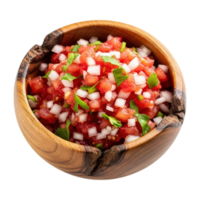 Freshly made pico de gallo salsa in a rustic wooden bowl isolated on background png
