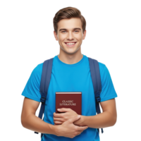 Smiling young male student with backpack holding a book ready for education and learning isolated on transparent background png