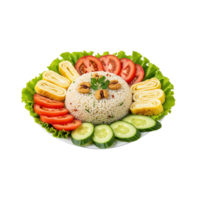 Delicious and colorful japanese bento box featuring rice tamagoyaki fresh tomatoes and cucumber slices isolated on transparent background png