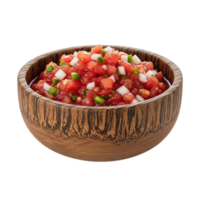 Freshly made pico de gallo salsa in a rustic wooden bowl on transparent background png