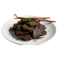 Deliciously seasoned grilled beef strips piled high on a white plate with fresh green herbs and chopsticks isolated on transparent background png