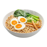 Delicious bowl of ramen noodles with soft boiled eggs and fresh greens isolated on transparent background png