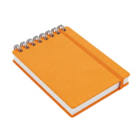 A closed orange spiral bound notebook with a white page edge and a bookmark isolated on transparent background png