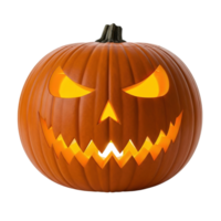 A classic carved halloween jack o lantern with a glowing orange face and a spooky expression isolated on transparent background png