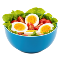 Fresh garden salad with hard boiled eggs in a blue bowl isolated on transparent background png