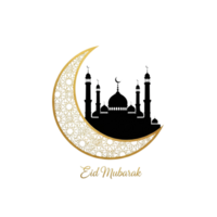 Elegant islamic crescent moon silhouette with mosque and eid mubarak greeting isolated on transparent background png