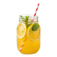 Refreshing yellow citrus drink with mint and lemon slices in a mason jar isolated on transparent background png