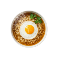 Delicious bowl of ramen noodles topped with a perfectly fried egg and fresh cilantro isolated on transparent background png