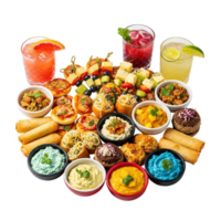 A colorful assortment of appetizers and drinks arranged artfully isolated on transparent background png