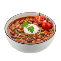 Hearty bowl of mixed bean chili topped with sour cream and fresh parsley isolated on transparent background png