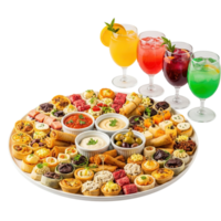 A large platter filled with an assortment of colorful appetizers and dips served with festive cocktails isolated on transparent background png