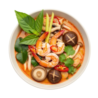 Delicious tom yum goong soup with succulent shrimp and fresh herbs in a bowl isolated on transparent background png