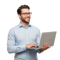 sorridente homem de negocios com óculos segurando uma computador portátil e olhando acima com uma feliz expressão isolado em transparente fundo png